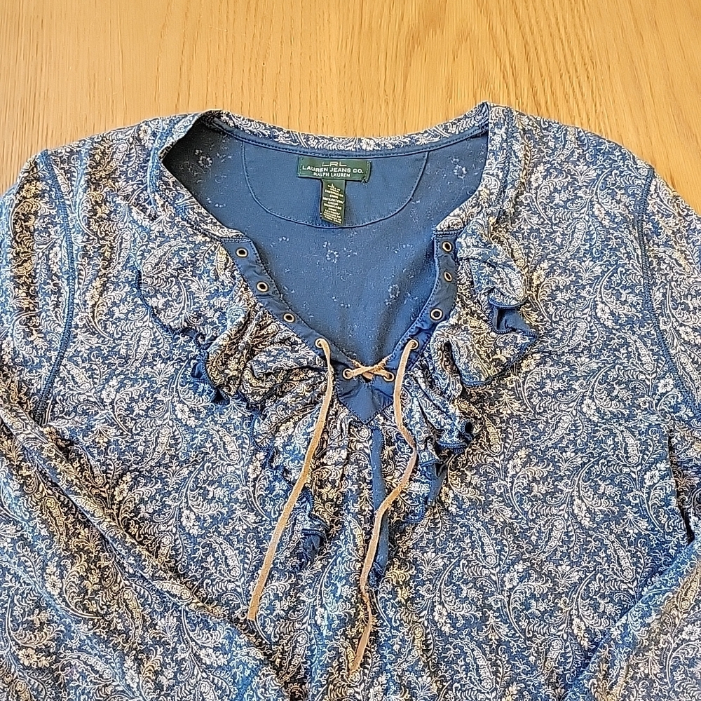 Ralph Lauren Peasant Top Large Ruffles Drawstring Floral Cottagecore Blouse - Picture 2 of 7